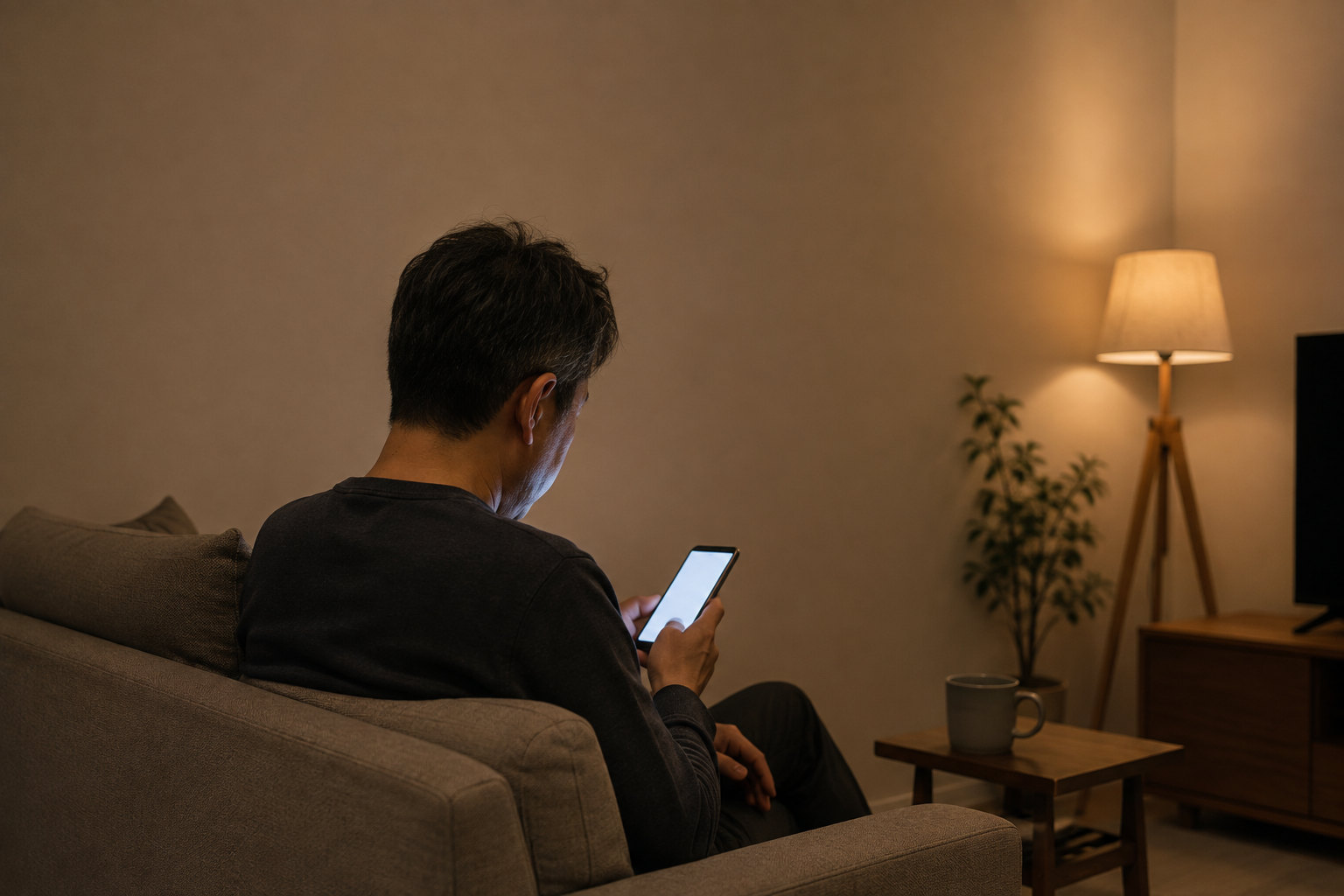 夜、スマートフォンの画面を見つめる男性