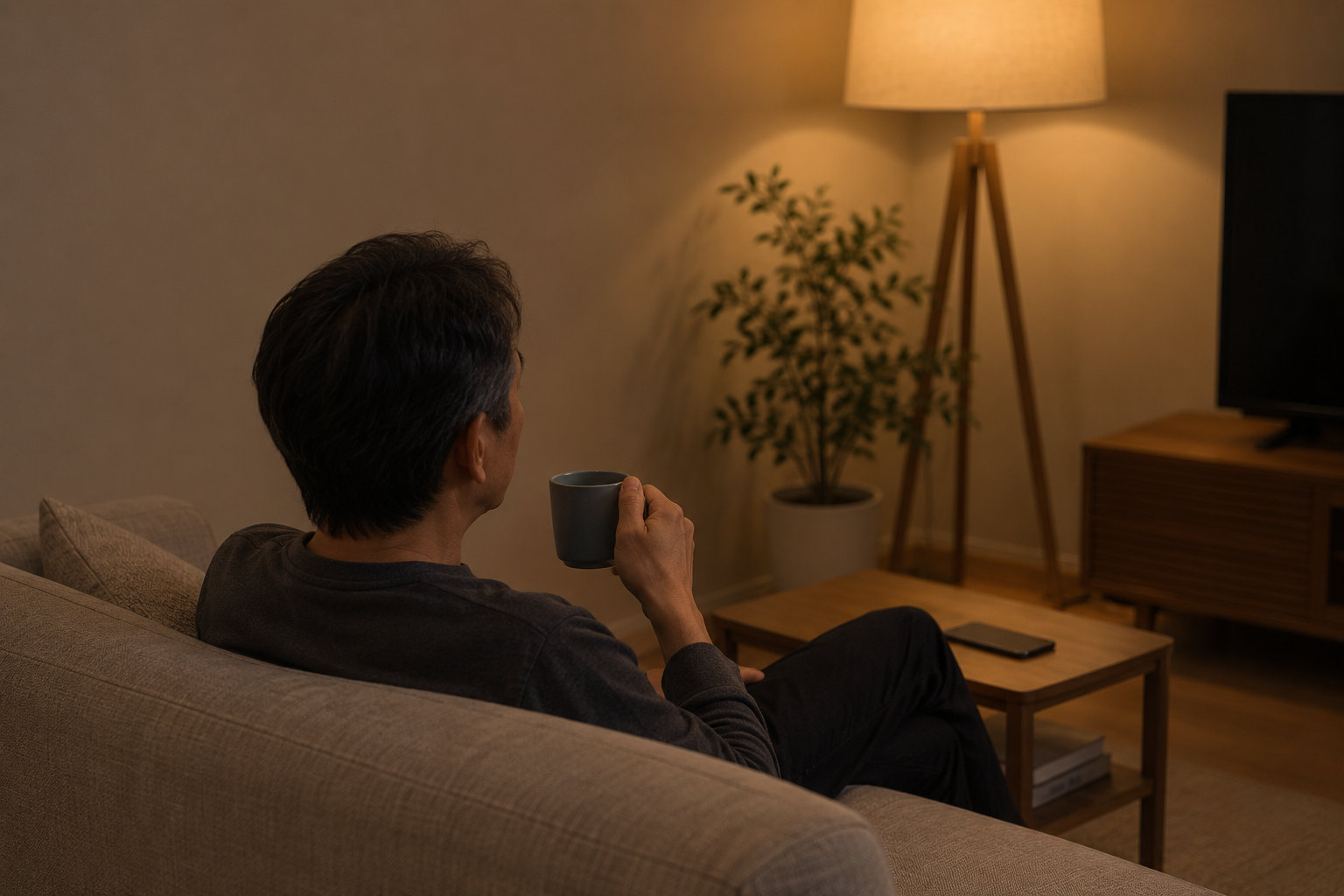 夜、マグカップを手に静かに過ごす男性