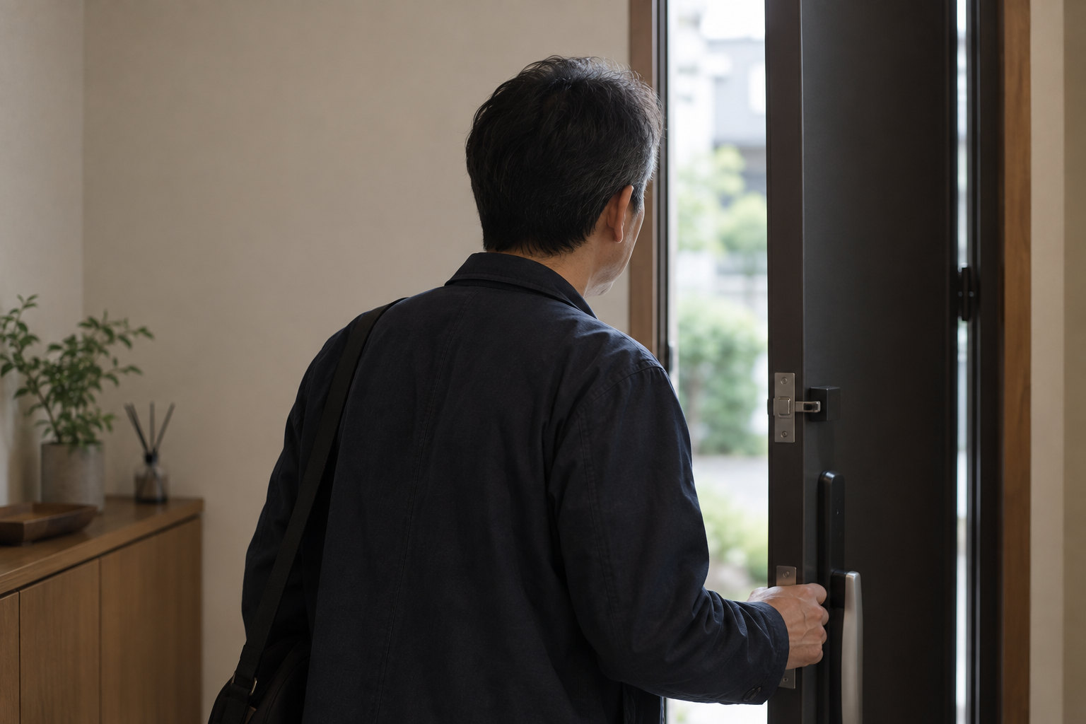 玄関で出かける支度をする男性