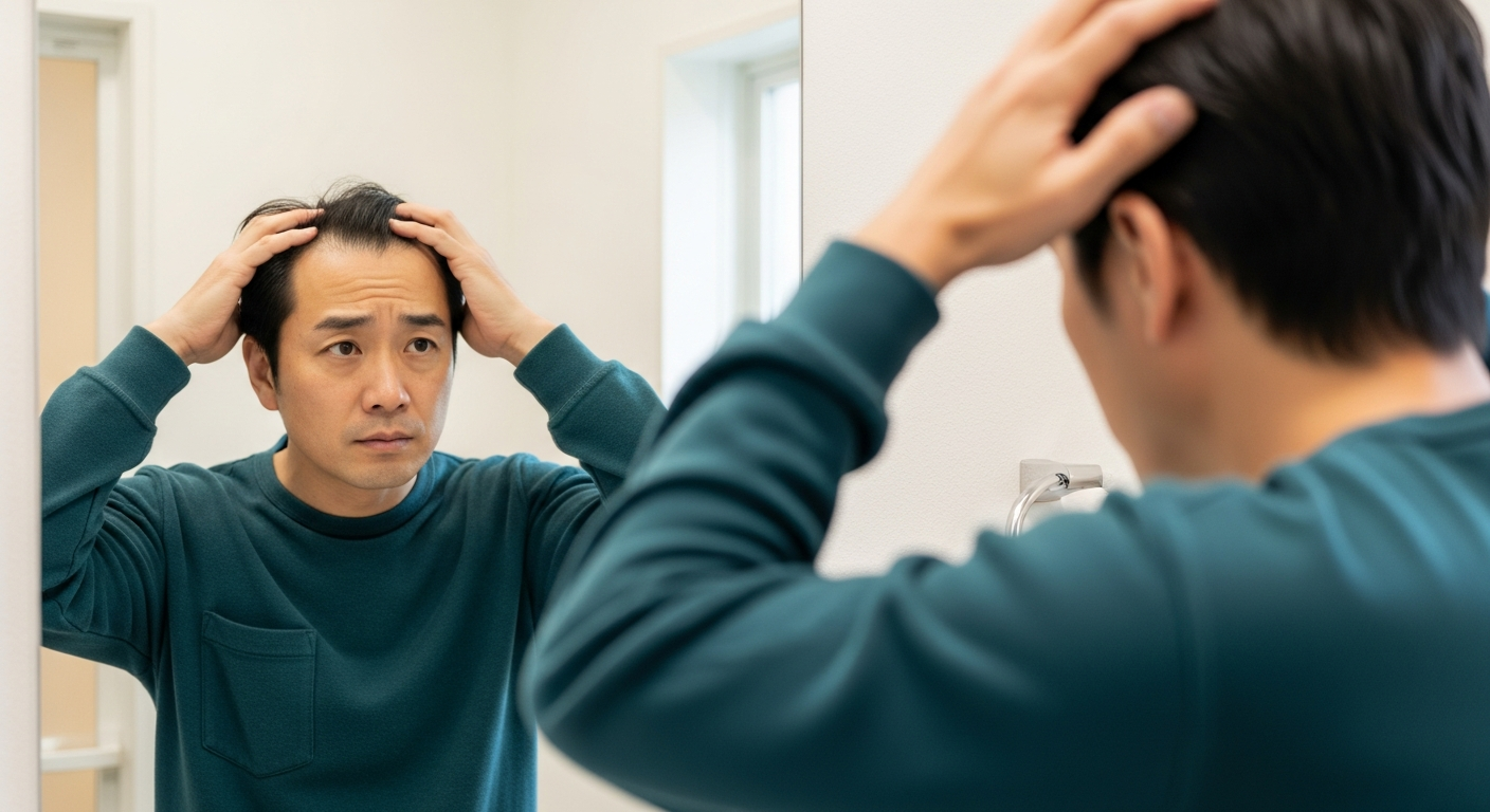 鏡を見て髪の悩みを抱える40代の男性